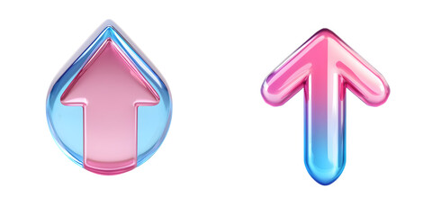 Glossy Pink And Blue 3D Down Arrow Icon with reflective surface symbolizing direction isolated on transparent background