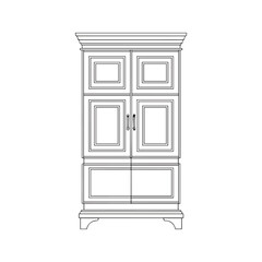 Wardrobe outline drawing. Classic wooden closet, vintage armoire vector line art. Bedroom furniture icon for interior design, isolated illustration.
