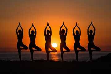 Women doing yoga tree pose, Sunset beach background, Silhouette balance scene