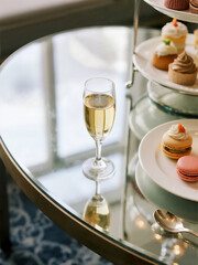 A glass of champagne next to macarons on a glass table