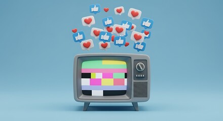 A retro television with a color bar test pattern on its screen emits social media like and heart icons.