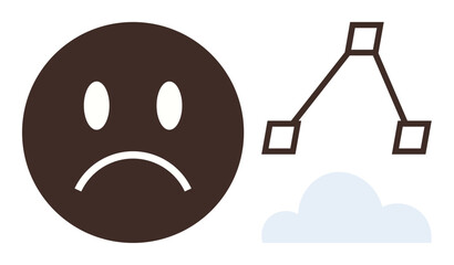 Fototapeta premium Brown sad face, geometrical triangle structure, and light blue cloud evoke emotions, communication, challenge. Ideal for sadness, connectivity, failure, reflection abstract design emotion simple