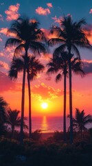 Obraz premium View of a sunset with palm trees and the ocean travel concept