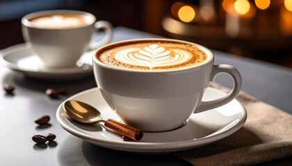 Two cups of cappuccino in a cozy cafe setting
