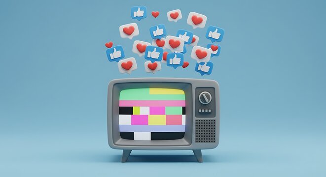 A retro television with a color bar test pattern on its screen emits social media like and heart icons.