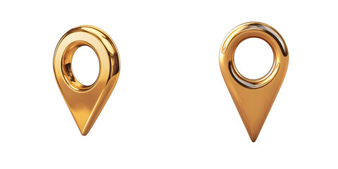 Golden 3D Location Pin Icon with hole in center featuring shiny metallic finish isolated on transparent background