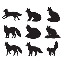 A series of nine elegant black and white silhouette illustrations of foxes.