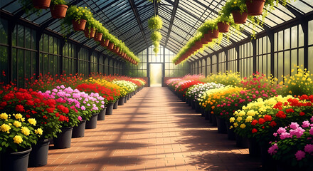 Greenhouse Interior Rows of Colorful Potted Flowers and Hanging Plants