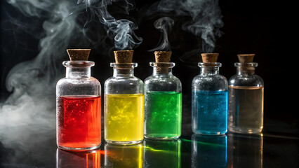Photo of five colorful potions in glass bottles with smoke on a dark background