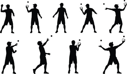 Silhouettes of person juggling ball, dynamic poses, juggling techniques, sports movement, coordination skill, cap and shorts, athletic action, training