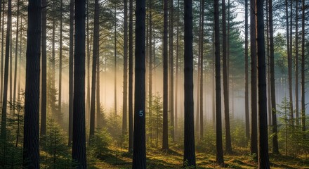 Obraz premium Mystical Pine Forest at Dawn with Sunbeams and a Number 5 Marker