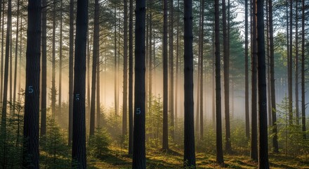 Obraz premium Numbered Pines in Ethereal Morning Light and Golden Mist