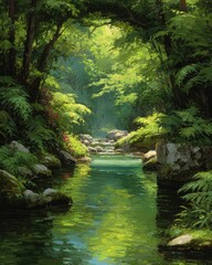 Lush, sunlit forest stream