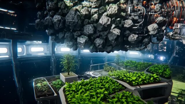 Asteroid Mining Operation Inside Space Station with Indoor Garden