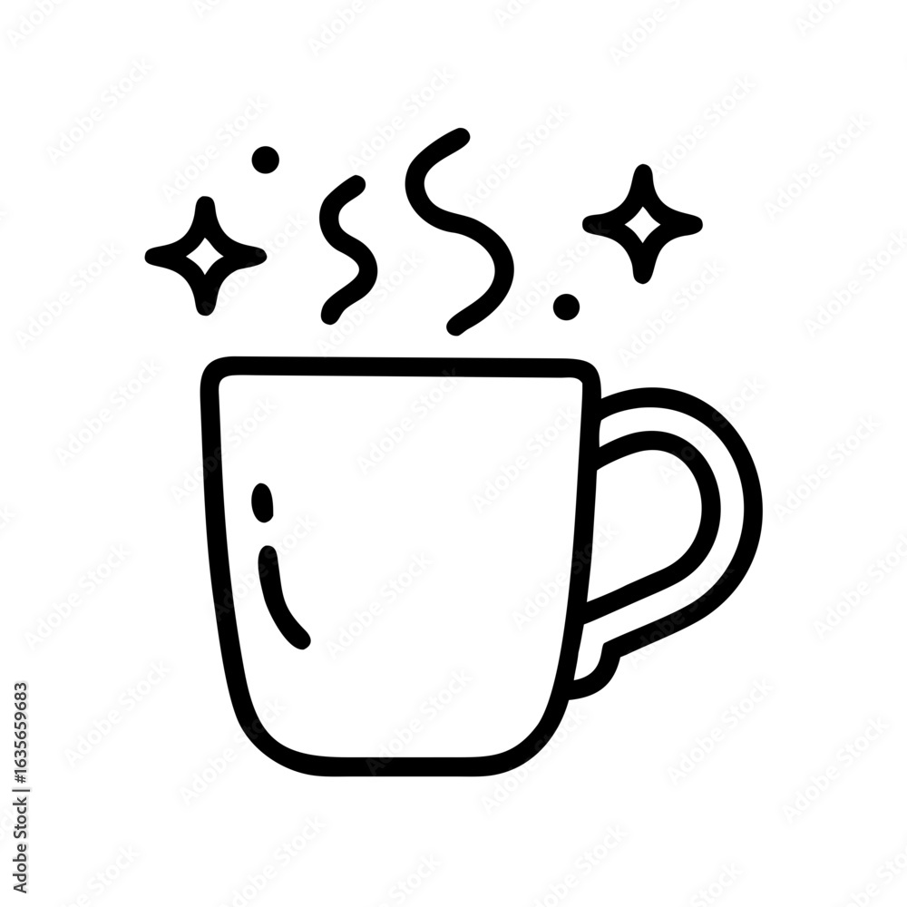 Poster a simple line drawing of a steaming mug with stars and dots around it on a white background view