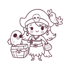 Fototapeta premium Cute cartoon pirate girl with treasure chest isolated on white background