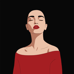 Elegant young woman with closed eyes and red lipstick wearing a red off the shoulder top against a black background