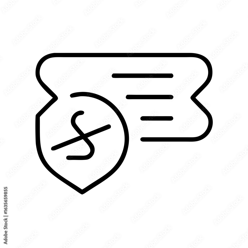 Poster outline icon of a shield with a currency symbol and document with horizontal lines in black and whit