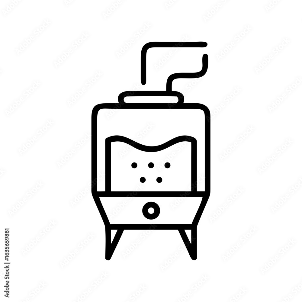 Poster illustration of a brewing machine with a curved pipe and a liquid with bubbles inside the container