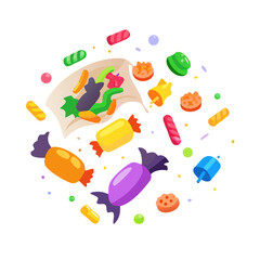 Colorful candies in a bag isolated on white background for halloween party