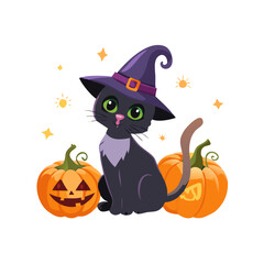 Cute black cat with a witch hat sitting next to pumpkins isolated on white