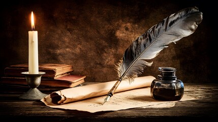 Vintage desk setup with a feather quill and inkwell on aged parchment.