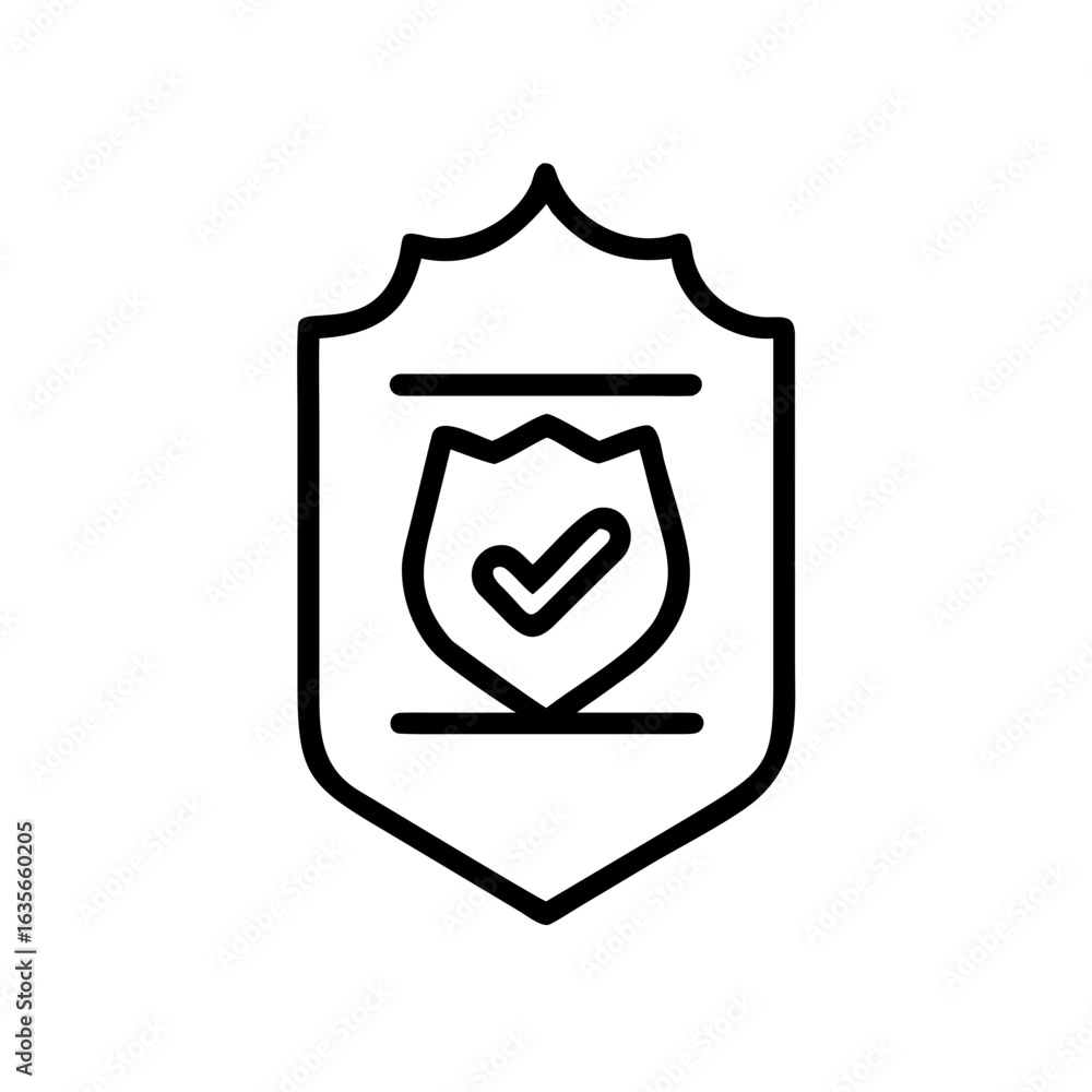 Poster outline icon showing a shield with a smaller shield inside and a checkmark indicating approval secur
