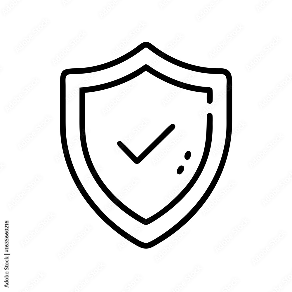 Poster shield icon with a checkmark inside denoting security and protection in a simplistic line drawing st