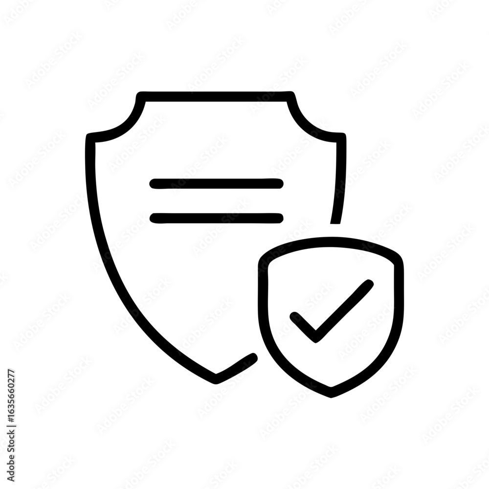 Poster shield icon with two horizontal lines and a smaller shield with a checkmark for security and protect