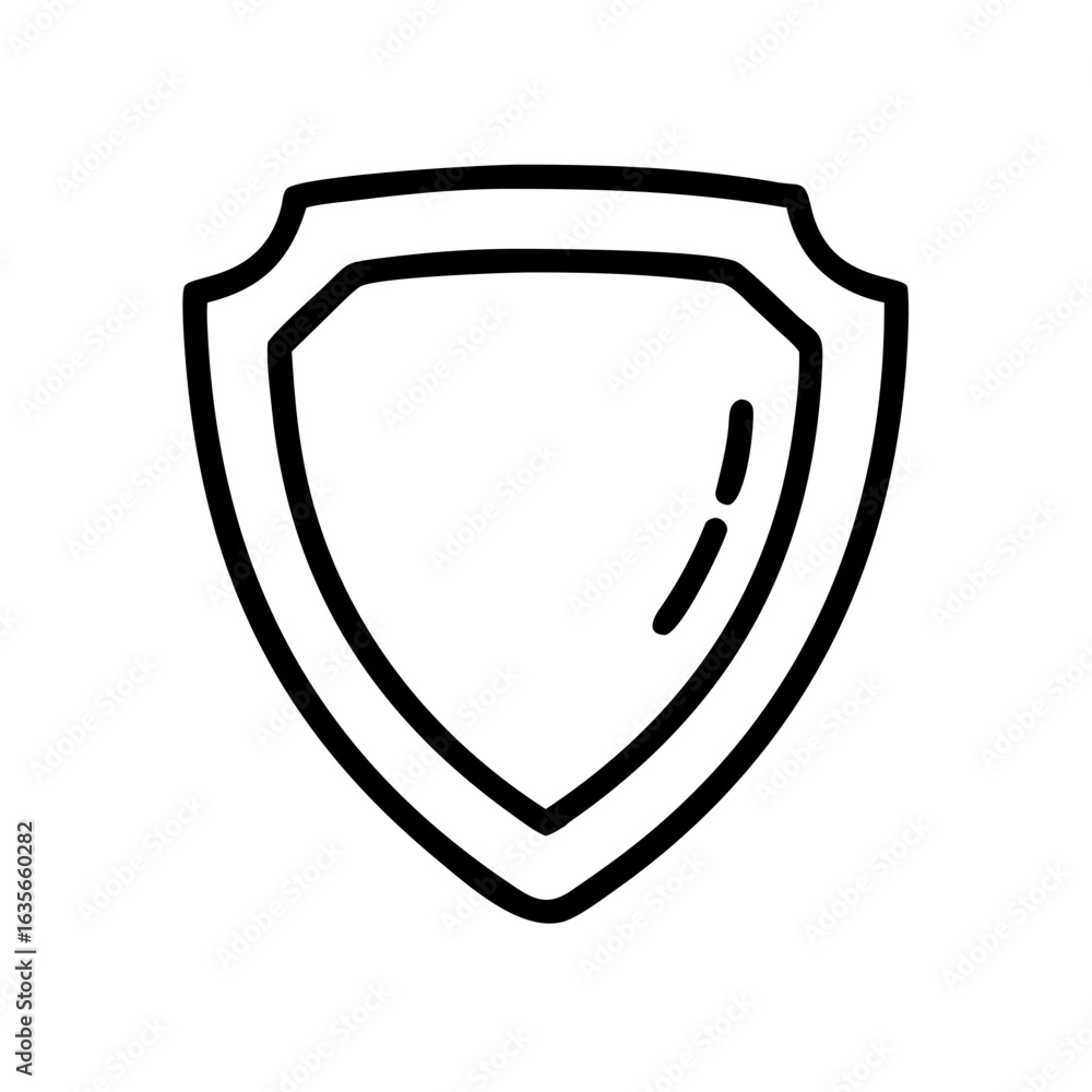 Poster illustration of a simple black and white shield with rounded edges and a double line outline design 