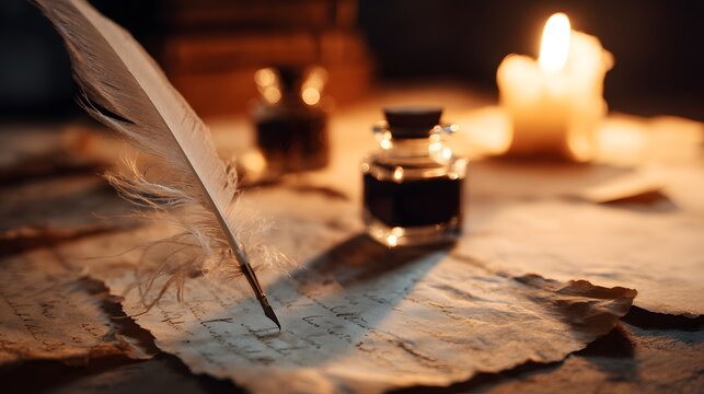 Vintage desk setup with a feather quill and inkwell on aged parchment.
