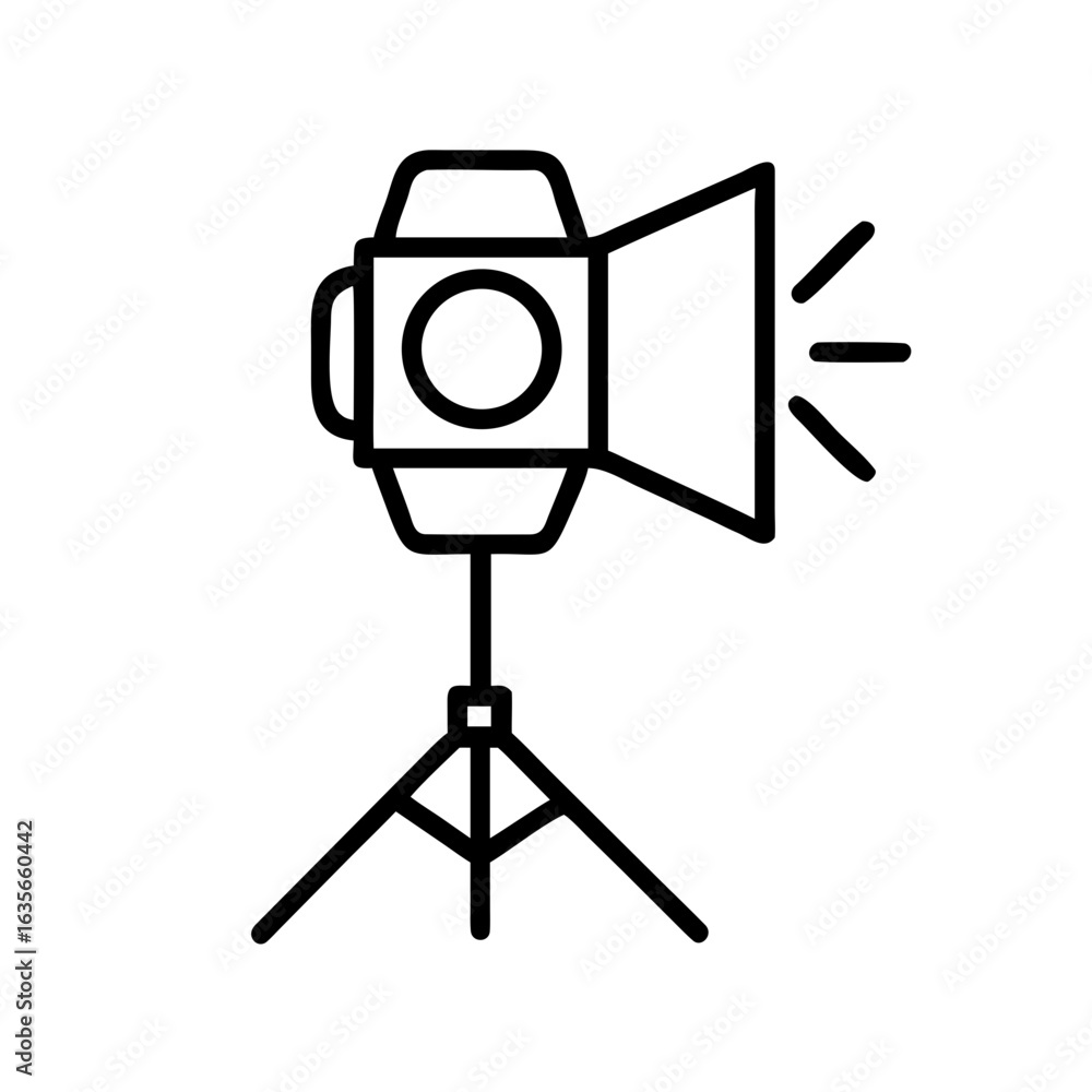 Poster a simple line drawing of a studio light with a tripod stand and radiating light beams design element