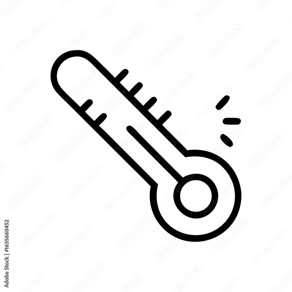 Poster illustration of a black outline thermometer with a round bulb and temperature indicator marks shown 