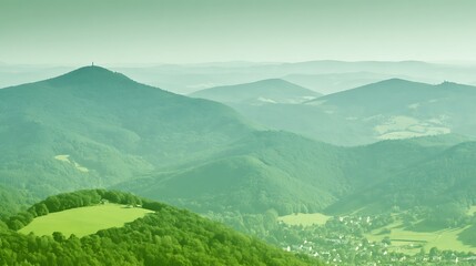 Naklejka premium Hazy green mountains and valley view