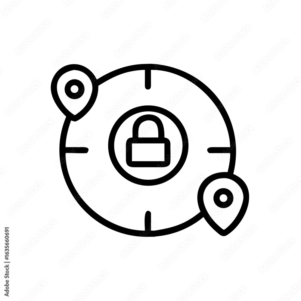 Poster location security focus with padlock in center and two location pins marking secure areas on the tar