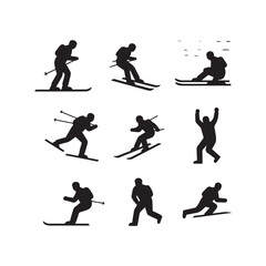 A set of 9 black silhouette illustrations of snowboarders in various dynamic poses against a white background. 