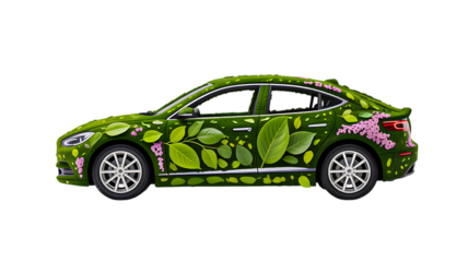 Green eco car decorated with leaves and flowers isolated on white background for sustainable transport concept
