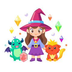 Naklejka premium A cute witch with her pets isolated on white background is casting a spell
