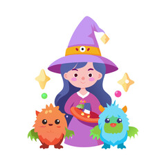Naklejka premium A cute witch with her pets isolated on white background is holding a toy