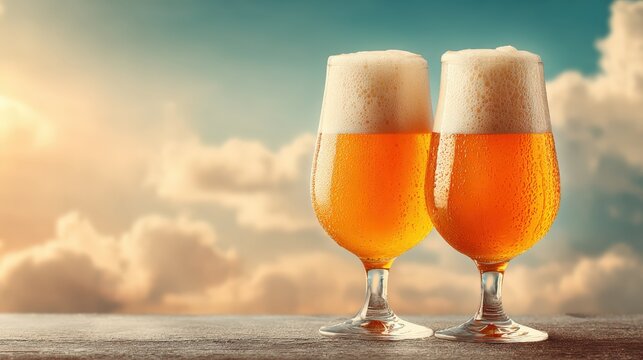 Enjoying Witbier in tulip mugs with clouds and sunset in the background