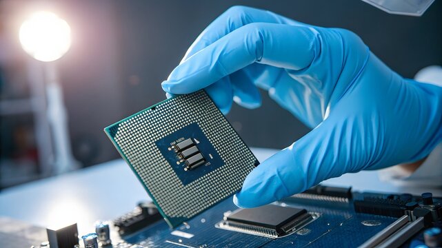Photo of gloved hand holding a cpu processor microchip, preparing to install it on a computer circuit board for assembly or repair