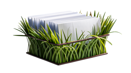 Green eco document holder with papers surrounded by grass isolated on white background for sustainable office concept
