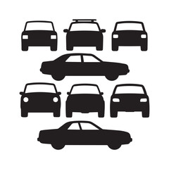 Fototapeta premium A set of six black silhouette illustrations of vehicles on white background.