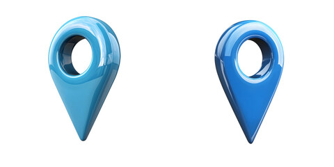 Blue 3D Location Pin Icon with hole in center designed sleek glossy style isolated on transparent background