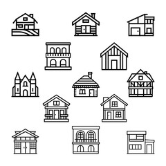 A collection of  black and white outline house icons in different architectural styles 