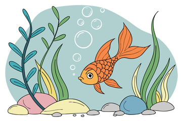 Illustration of an orange goldfish swimming in an aquarium with plants, rocks and bubbles in the water