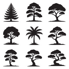 Obraz premium Set of diverse tree silhouettes including pine, palm, oak, and bonsai styles isolated on white background