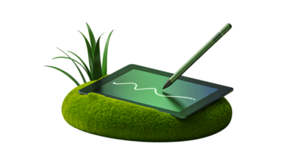 Green eco graphic tablet with stylus pen covered in grass isolated on white background for sustainable design concept
