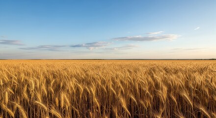 Obraz premium Vast Field of Ripe Golden Wheat Under a Serene Blue Sky at Golden Hour