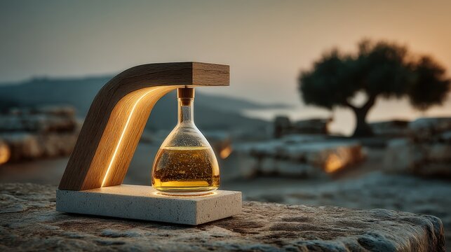 Minimalist olive-wood dispenser showcasing Nocellara del Belice oil on Sicilian farmland